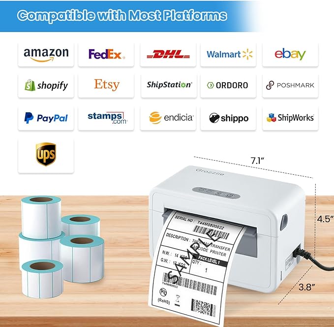 4x6 Shipping Label Printer - 203 DPI Thermal Label Printer for Small Business with Bluetooth/USB, Portable Thermal Printer for Warehouse, Home Office & Shipping Labels