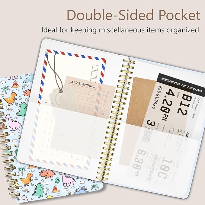 Cute Spiral Notebook journal A5 Aesthetic Pretty Floral Design for Women Girls Kawaii with Pocket, 8.5 x 5.7 inch, Blue Dinosaur