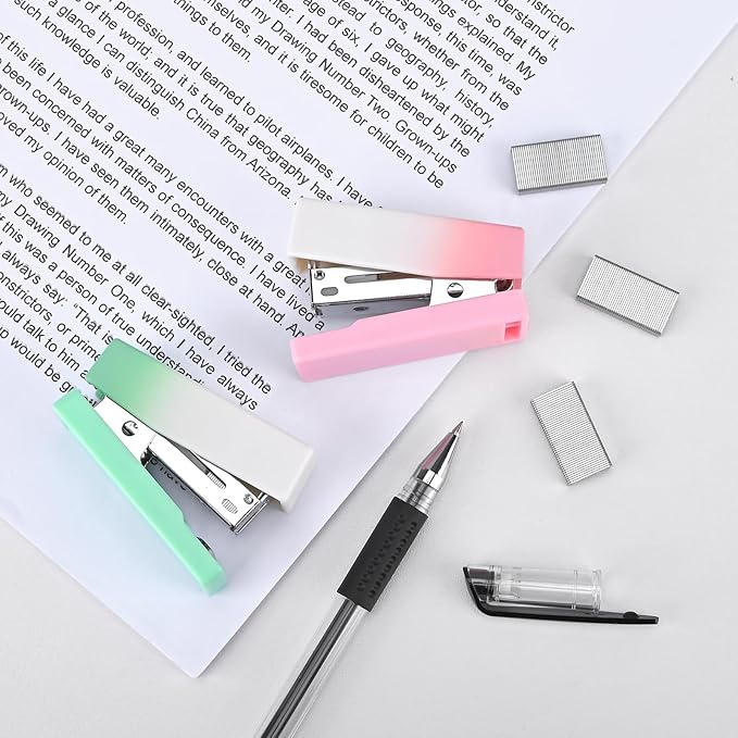 Temiary 2 Pcs Mini Desktop Stapler with Staples Standard, Small Cute Stapler for Desk, 12 Sheets Capacity, Gradient Staplers for Student or Office Use (Green & Pink)