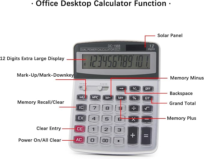 OFFIDIX Desk Calculator 12 Digits Extra Large LCD Display,Big Buttons Dual Power Solar Calculator for Office,Work,Business,Home and School