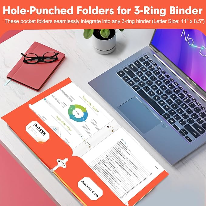 Two Pocket Portfolio Folders, PANDRI 60 Pack 3 Hole Punched 2 Pocket Folders for 3 Ring Binder, Letter Size Paper File Folder for School Office Home Business, Red