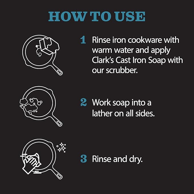 CLARK'S Cast Iron Cleaner 12 oz, Made in USA, Plant Based Coconut Cast Iron Soap for Skillets, Griddles Etc. - Protects, and Restores Cookware