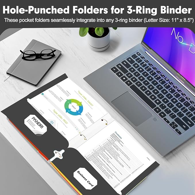 Two Pocket Portfolio Folders, PANDRI 60 Pack 3 Hole Punched 2 Pocket Folders for 3 Ring Binder, Letter Size Paper File Folder for School Office Home Business, Black