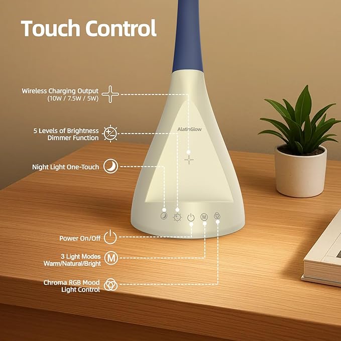 LED Desk Lamp with USB Charging Port, Dimmable Reading Light Touch Control and Eye Protection, Adjustable Brightness Table Lamp for Home Office Bedroom (White)