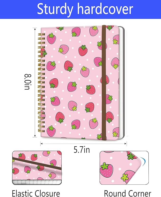Spiral Journal Notebook, A5 Cute Notebooks for Women Men, College Ruled Hardcover Notebook for Work & Note Taking, 60 Pages Double-Wire Journals for Writing, Cute Strawberry
