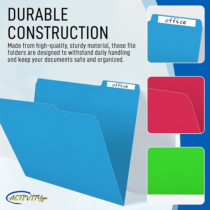 Blue File Folders, 1/3-Cut Tabs, Letter Size, 12-Pack – Durable Office Filing Folders for Documents, Papers, and Organization