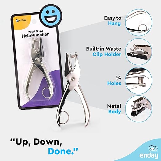 Single Hole Punch Metal, 1/4” Hole Puncher for Paper and Crafts Round Circle Shape, 5 Sheet Capacity Paper Punch, Single Hole Puncher for Home, Office, School Supplies, Silver - by Enday