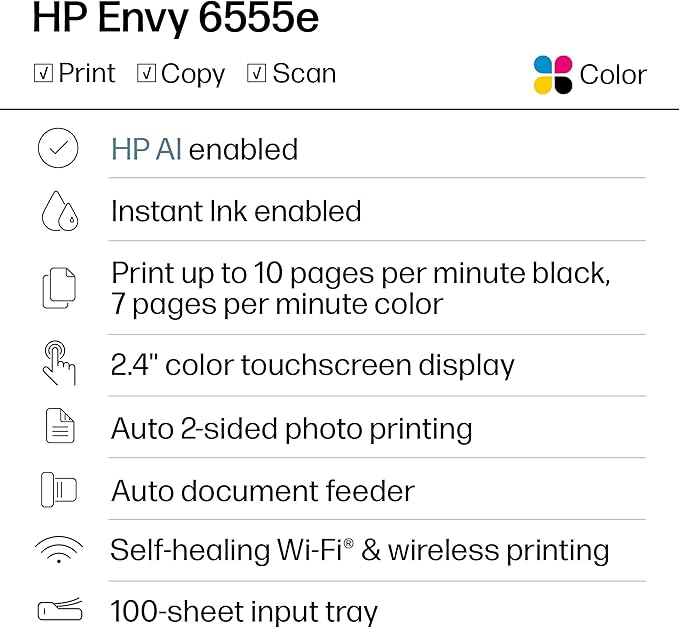 HP Envy 6555e Wireless All-in-One Color Inkjet Printer, Portobello, Print, scan, copy, Duplex printing Best-for-home, 3 month Instant Ink trial included, AI-enabled (714N5A)