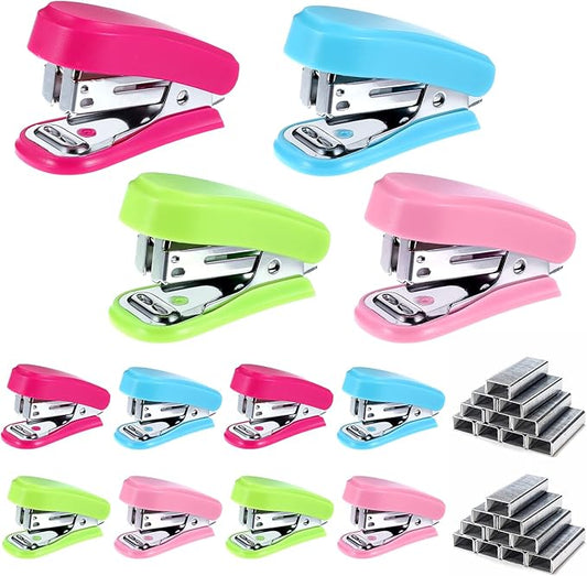 12 Pcs Mini Stapler with 12 Boxes Staple, Includes Built in Staple Remover, Desk Little Stapler for School Office Supplies (Blue, Green, Pink, Rose)