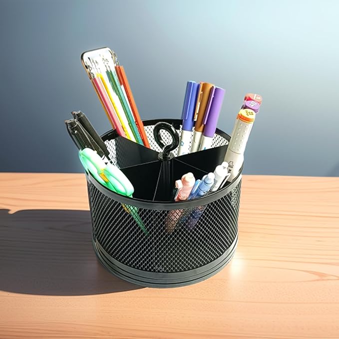 SETTFRFE Rotating Pen Holder for Desk,Supplies Organizer pencil Caddy,6 Compartments Desk Organizer,Black (Metal Mesh Style)