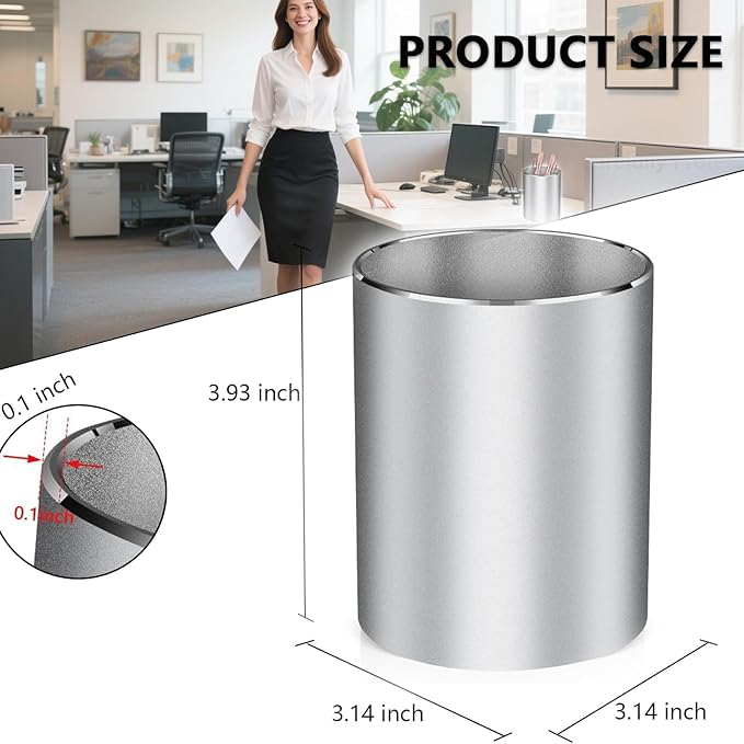 Pen Holder for Desk,Metal Aluminum Pencil Holder， for Pen Organizer for Desk, School, Home and Stationary Supplies, Advanced sense Pen Holder Non-Slip Silicone Bottom Round Silver Pencil Cup (Silver)