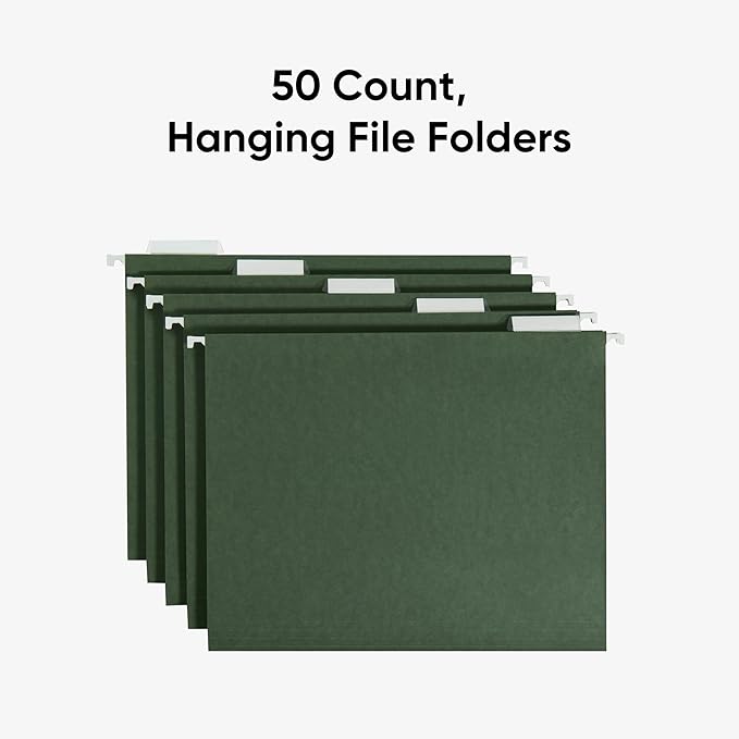Smead Hanging File Folder, 1/5-Cut Adjustable Tab, Letter Size, Standard Green, Hanging Folders for Filing Cabinets, File Organizer Folder, 50 Per Box (64029)