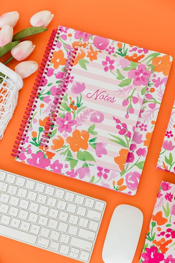 Steel Mill & Co Cute Mini Spiral Notebook, 8.25" x 6.25" Journal with Durable Hardcover and 160 Lined Pages (Watercolor Flowers)