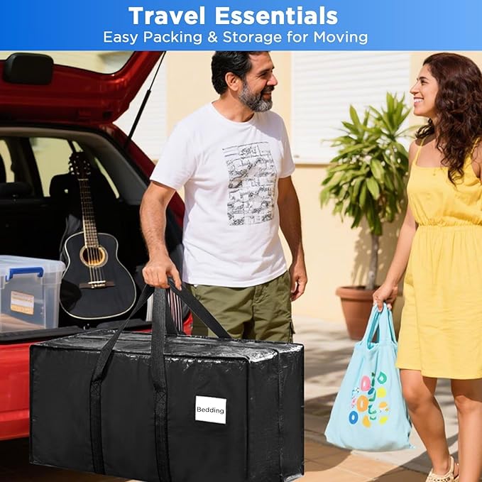 BETU Extra Large Moving Bags Heavy Duty Storage Bags with Zipper Handles, 10 Pack Clothes Storage Totes Bins Packing Moving Boxes, Moving Supplies for College Dorm Essentials, Space Saving, Black