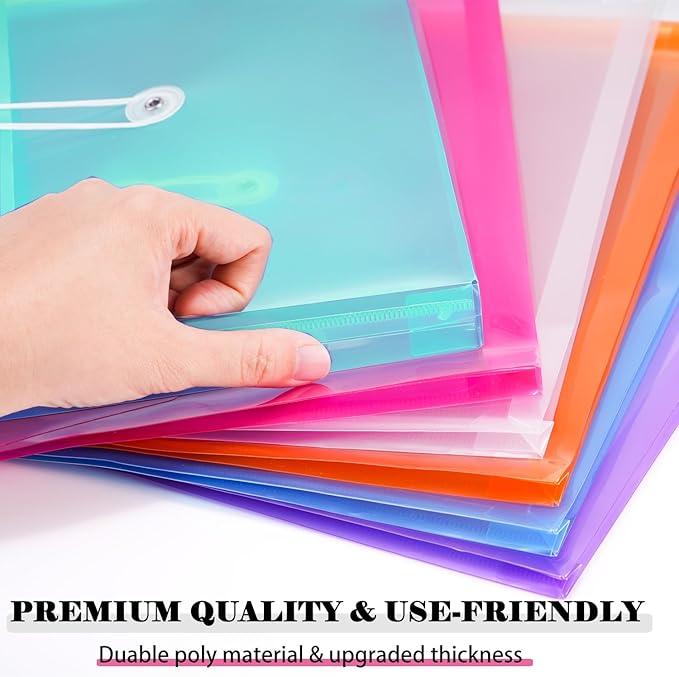 A4 Letter Size Plastic Poly Envelopes with Button and String Tie Closure, 1-1/4" Expansion Clear File Folders Side Loading Documents Organizer for Home School and Office Supplies (14)