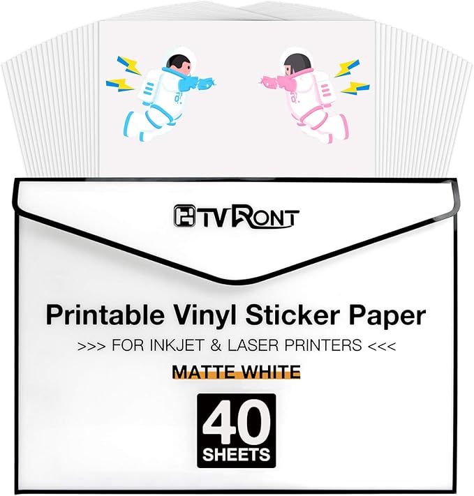 HTVRONT Printable Vinyl for Inkjet Printer & Laser Printer - 40 Pcs Matte White Inkjet Waterproof Printable Vinyl Sticker Paper, 8.5"x11"