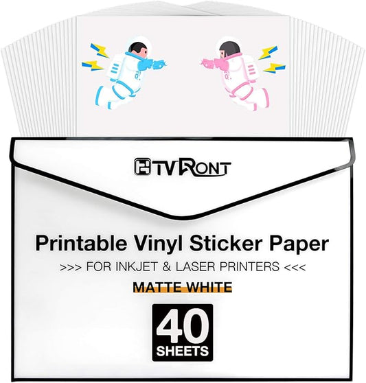 HTVRONT Printable Vinyl for Inkjet Printer & Laser Printer - 40 Pcs Matte White Inkjet Waterproof Printable Vinyl Sticker Paper, 8.5"x11"