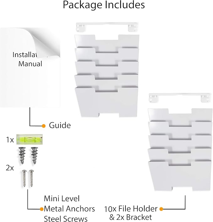 Wallniture Lisbon 10-Tier Wall Mounted File Holder and Desk Organizer, Metal White Office Organization and Storage Rack