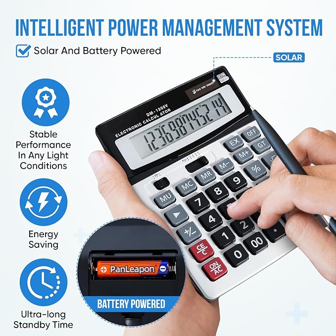 Desktop Calculator with Extra Large LCD Display - 12-Digit, Big Buttons, Dual Solar and Battery Power for Office, Financial, School and Home Use (Holifeos)
