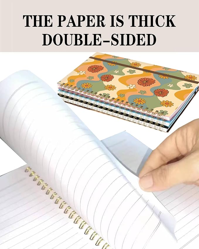 Spiral Journal Notebook, A5 Cute Notebooks for Women Men, College Ruled Hardcover Notebook for Work & Note Taking, 60 Pages Double-Wire Journals for Writing, Retro Boho Flowers