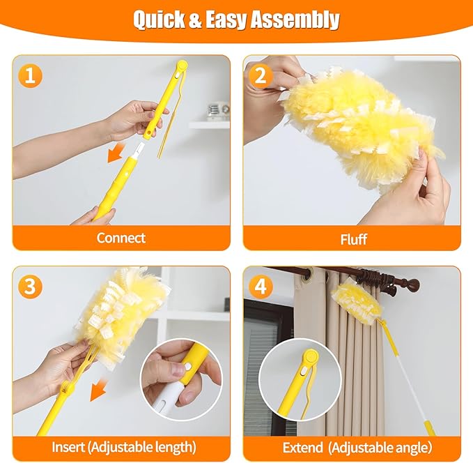 Senowi 60 Count 360° Heavy Duty Duster Refills Compatible with Swiffer,Large Size-Extra Thick Disposable Electrostatic Feather Duster Refill with 1 Retractable Handle(35-inch Length Fully expanded)
