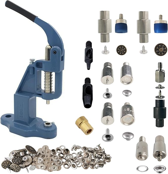 Hand Press with Brass 14 mm and 17 mm Jean Buttons Nipple Rivets 5mm (Nr3) Eyelets 7 and 9 mm Single Capped Rivets Matching Dies and Hole Punch (Blue Press)