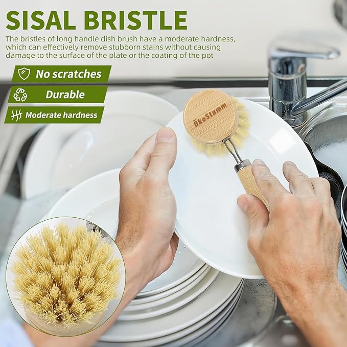 ÖkoStamm Bamboo Dish Brush with Long Handle - Natural Dish Scrubber Brush Set Includes 4 Replacement Brush Heads, Sisal Bristle Bamboo Brush for Dishes, Pans, Pot, Fruit and Veggie