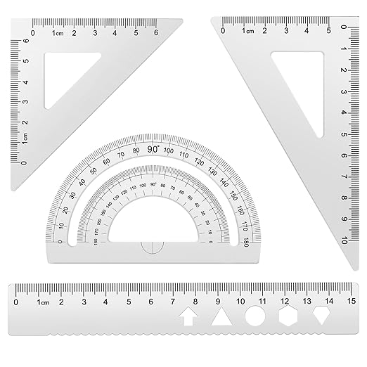 MSDADA Triangle Ruler, Protractor, Square and Ruler Set, 4 Pieces Aluminum Alloy Ruler, Metal Drafting Ruler Kit, Geometric Protractor for Student, School, Home, Office (Silver, 15cm/5.9inch)