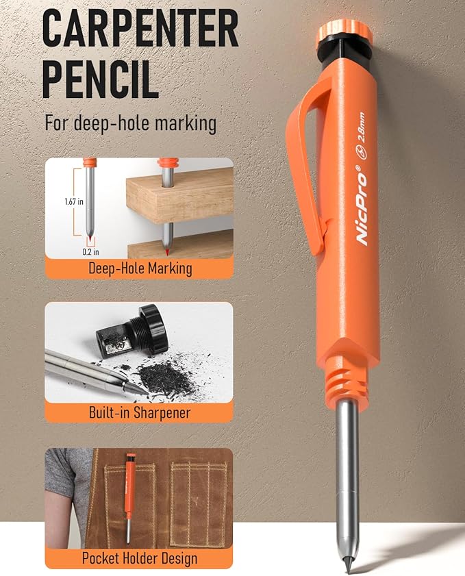 Nicpro Upgraded 3-IN-1 Carpenter Pencils Set with Finger Grip, 1Pcs Construction Pencil with 13 Refill & Mini Spirit Level, Deep Hole Marker Carpenter Tool, Mechanical Pencil for Architect Woodworking