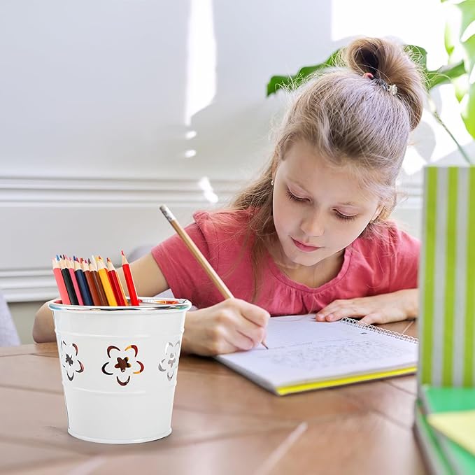 9 Pack Metal Pen Holder Cup, Desktop Pencil Bucket with Flower Pattern, Mini Makeup Brush Storage Organizer, Colorful Stationary Supplies Container for Office Classroom School Crafts(9 Color)