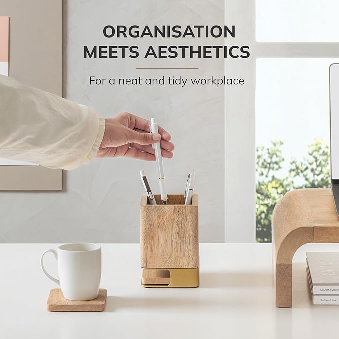 Anji Mountain Mango Wood Pen Holder with 2 Coasters, Stained Wood & Powder Coated Metal Pen Holder, Sustainable Room Decor Desk Organizer, Stylish Designer Pencil Case for Office Supplies