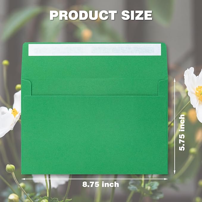 50 Pack A9 Blank Invitation Envelopes, 5-3/4 x 8-3/4 Inches Green Self Seal Envelopes - Heavyweight, Peel & Seal for Invites, Greeting Cards & Mailing