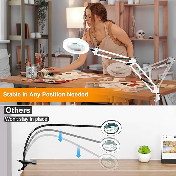 10X Magnifying Glass with Light and Stand, 2-in-1 LED Magnifier Desk Lamp, 3 Color Modes 10 Level Dimmable, Hands-Free Lighted Magnifier for Craft Repair Nail Reading Close Works (White, Base)