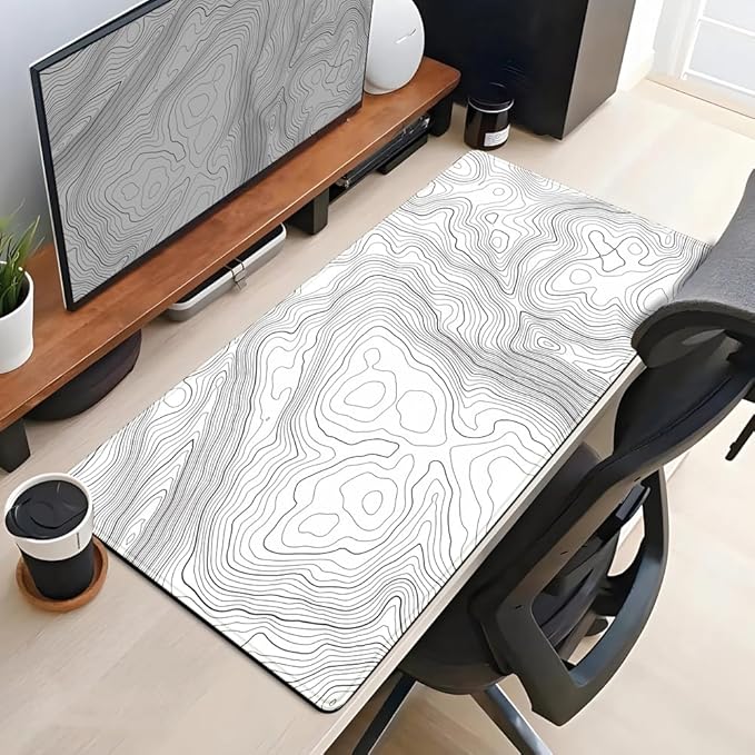 Desk Mat Large Gaming White Mouse Pad Minimalist Topographic Map Desk Mat Extended XL Mousepad 31.5x15.7 in Anti-Slip Desk Pad Keyboard Mousepad Stitched Edges Large Mouse Pad Grey