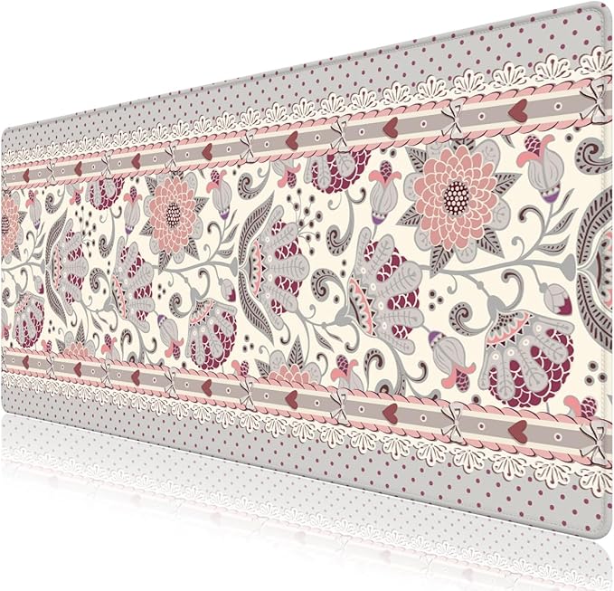 Cute Desk Mat, Large Desk Matt for Desktop, Woman DeskPad Mat, XXL Big Mouse Pad, Anti-Slip Mousepad with Stitched Edges,Keyboard Pad Mouse Mat Cover for Computer 35.4×15.7 in,Cream Flowers