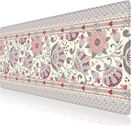 Cute Desk Mat, Large Desk Matt for Desktop, Woman DeskPad Mat, XXL Big Mouse Pad, Anti-Slip Mousepad with Stitched Edges,Keyboard Pad Mouse Mat Cover for Computer 35.4×15.7 in,Cream Flowers