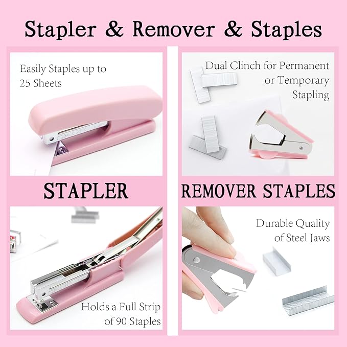 Pink Office Supplies, UPIHO Pink Desk Accessories, Stapler and Tape Dispenser Set for Women with Stapler, Tape Dispenser, Staple Remover, Staples, Clips, Scissor and Tabs,Gift for Students, Coworkers