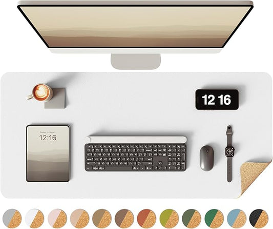 YSAGi Double-Sided Desk Pad, 31.5"x15.7"Leather Desk Mat, Eco Cork Desk Pad Protector,Large Mouse Pad,Waterproof Desk Blotter for Office/Home(White)