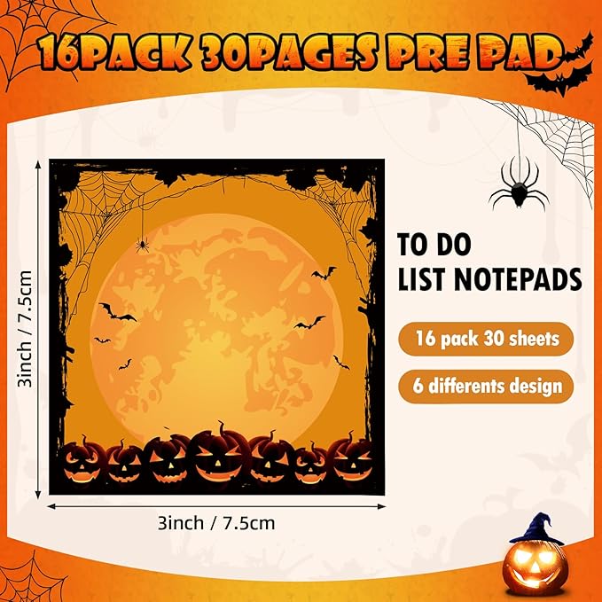 16 Pieces Halloween Sticky Note Halloween Note Pads with Spider Pumpkin Bat 480 Pieces of Self Adhesive Removable Memo Pads, 30 Sheets Each for Halloween School Office Home Students Teacher Presents