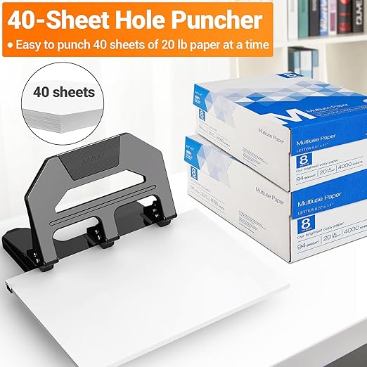 AFMAT HPX2 Heavy Duty 3 Hole Puncher, 40-Sheet Paper Punch Heavy Duty, 50% Reduced Effort Three Hole Punch, 10K+ Uses, Metal Hole Puncher 3 Ring w/Large Tray, Bulit-in S.S. Paper Guide, Black