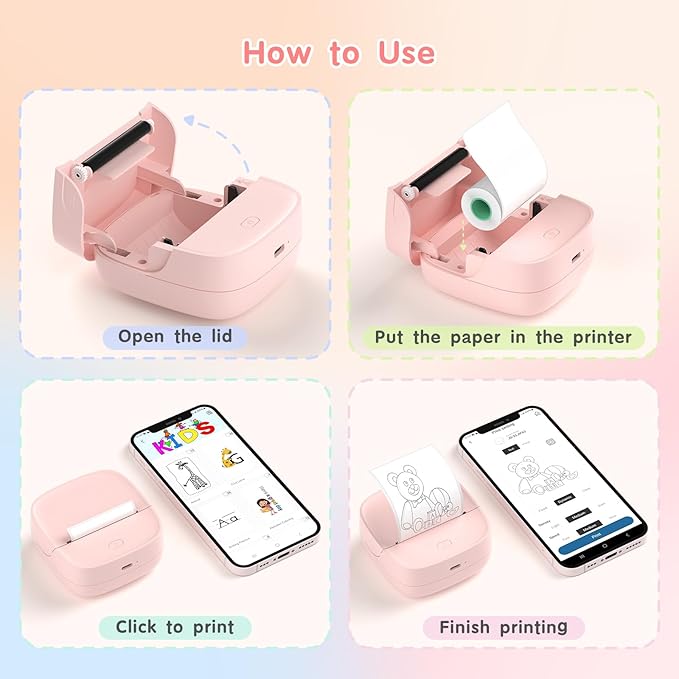 JD-23 Sticker Printer, Mini Portable Thermal Printer Print Pod, Inkless Bluetooth Label Maker Machine for DIY Crafts, Journaling, Office & Home Use, 2 Rolls Sticker Paper, Pink