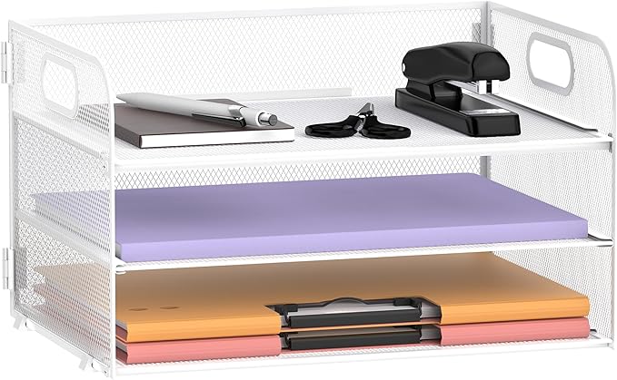 Supeasy 3 Tier Paper Organizer with Handle, Mesh Desk Organizer Letter Tray, Paper Tray File Organizer for A4 File Folder, White