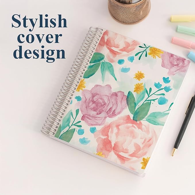 Erin Condren 8.5" X 11" Spiral Bound Productivity Notebook, Watercolor Blooms, Functional 160 Lined Page and 80Lb Thick Paper Spiral Notebook, Stickers Included