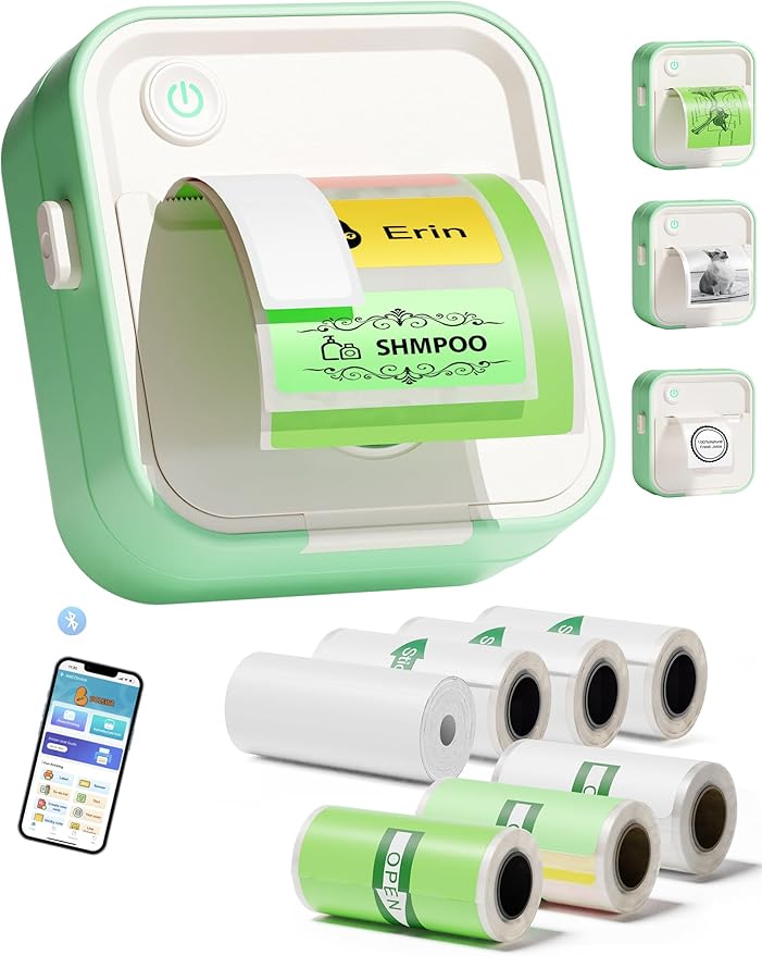Label Maker Machine, HD Mini Sticker Printer with 7 Rolls Paper, Portable Thermal Print Pod Supports 12-57mm Papers, Bluetooth Pocket Printer for Home, Kitchen, School (Green)