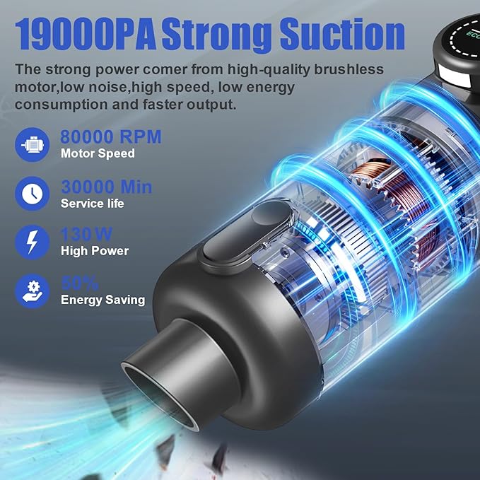 AOPIRDT Car Vacuum Portable Cordless-19000 Pa 4 in 1 Handheld Vacuum Cordless Brushless Motor with LED Light and Multi-Nozzles, One-Touch dust Removal for Car, Home, Office, Pet, Black