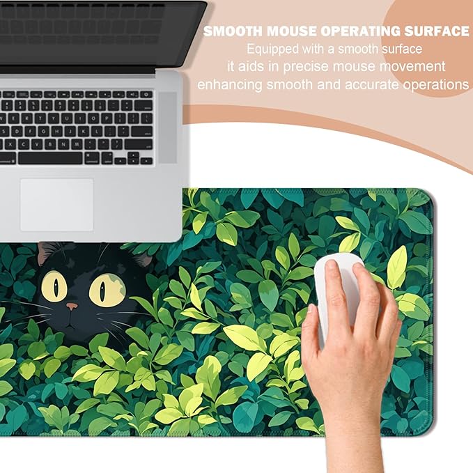 Anime Cute Cat Desk Mat, Watercolor Pretty Green Leaves Extended Large Gaming Mouse Pad, Computer Keyboard Laptop Mousepad for Work, Game, Office and Home, XL