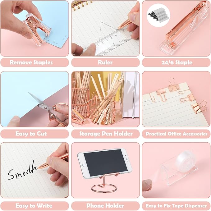 Rose Gold Office Supplies and Accessories, Rose Gold Mesh Desk Organizers with Tape Holder, Tape, Stapler, Staple Remover, 1000pcs Staples, Pen, Pen Holder, Ruler, Phone Holder, Clips, Scissor