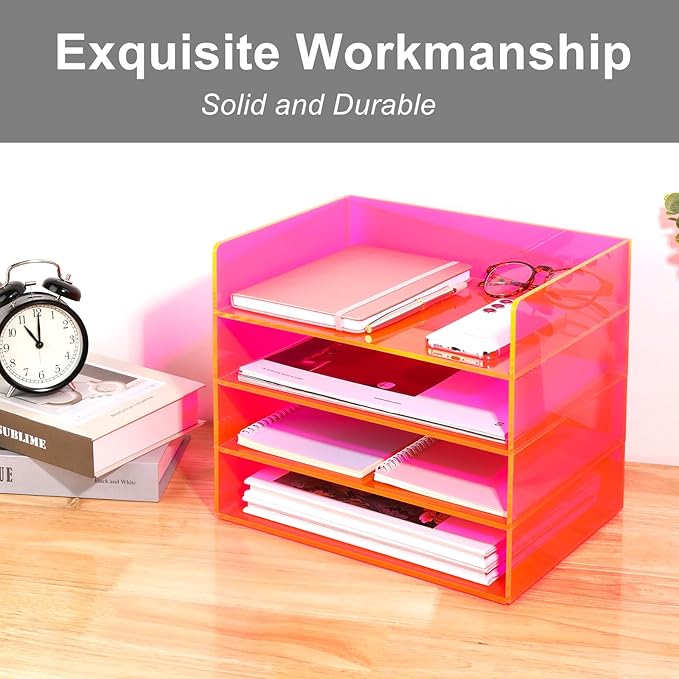 Gelite Acrylic File Organizer for Desk 4 Tiered Stackable Letter Tray Office Paper Storage Desktop Document Sorter, Neon Pink