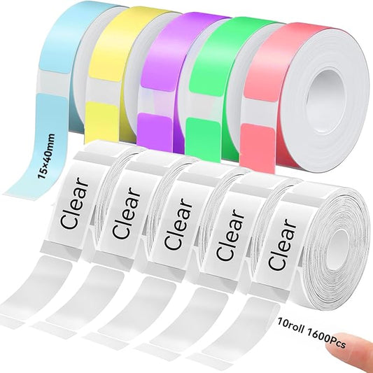 eebbl Label Maker Tape Refill 15mm 0.47 Standard Laminated Thermal Label Tape Replacement 0.59"×1.57"(15×40mm), 1650 Labels/10Rolls/Pack, High Definition Labeling Tape for Home Office School Hotel