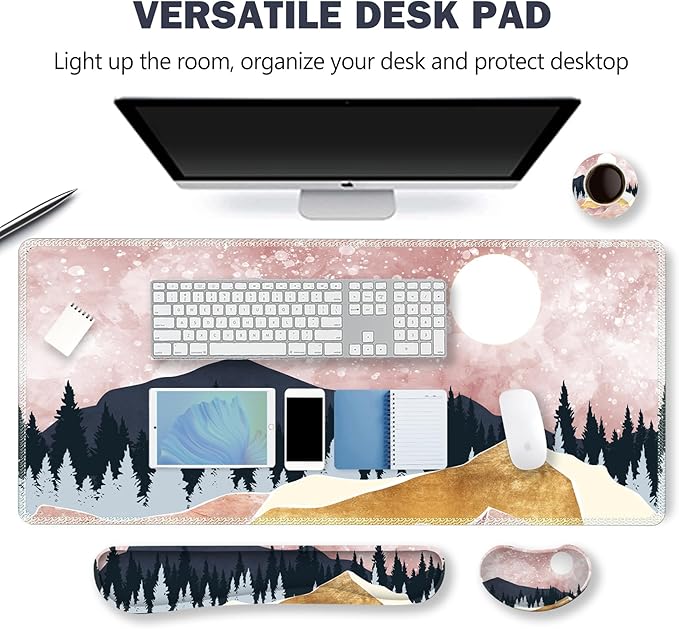 ARTSO Extended Gaming Mouse Pad Set, Keyboard Wrist Rest Support Pad + Wrist Cushion + XXL Large Mouse Pad + Coaster, Stitched Edge, Non-Slip, Memory Foam Desk Mat, Pink Abstract Mountain